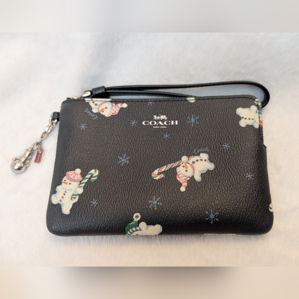 Coach Black Snowman Print Wristlet With Snowman Charm